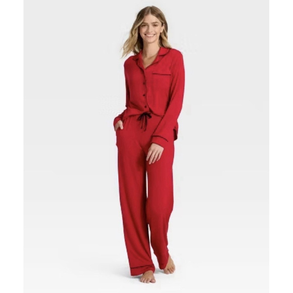 Cloud Knit Modal Long Sleeve Notch Collar Top & Pants Pajamas Set Auden Womans M